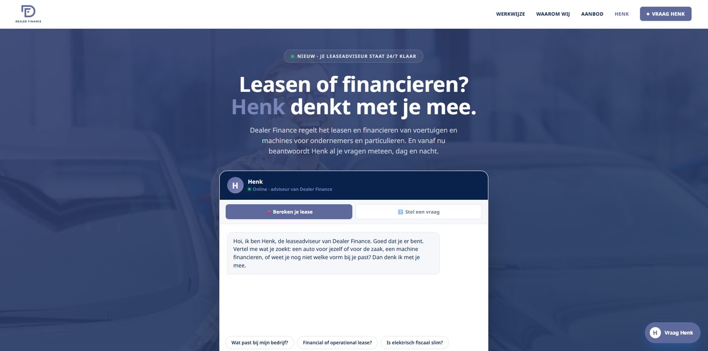 De landingspagina van Dealer Finance met Henk als leaseadviseur